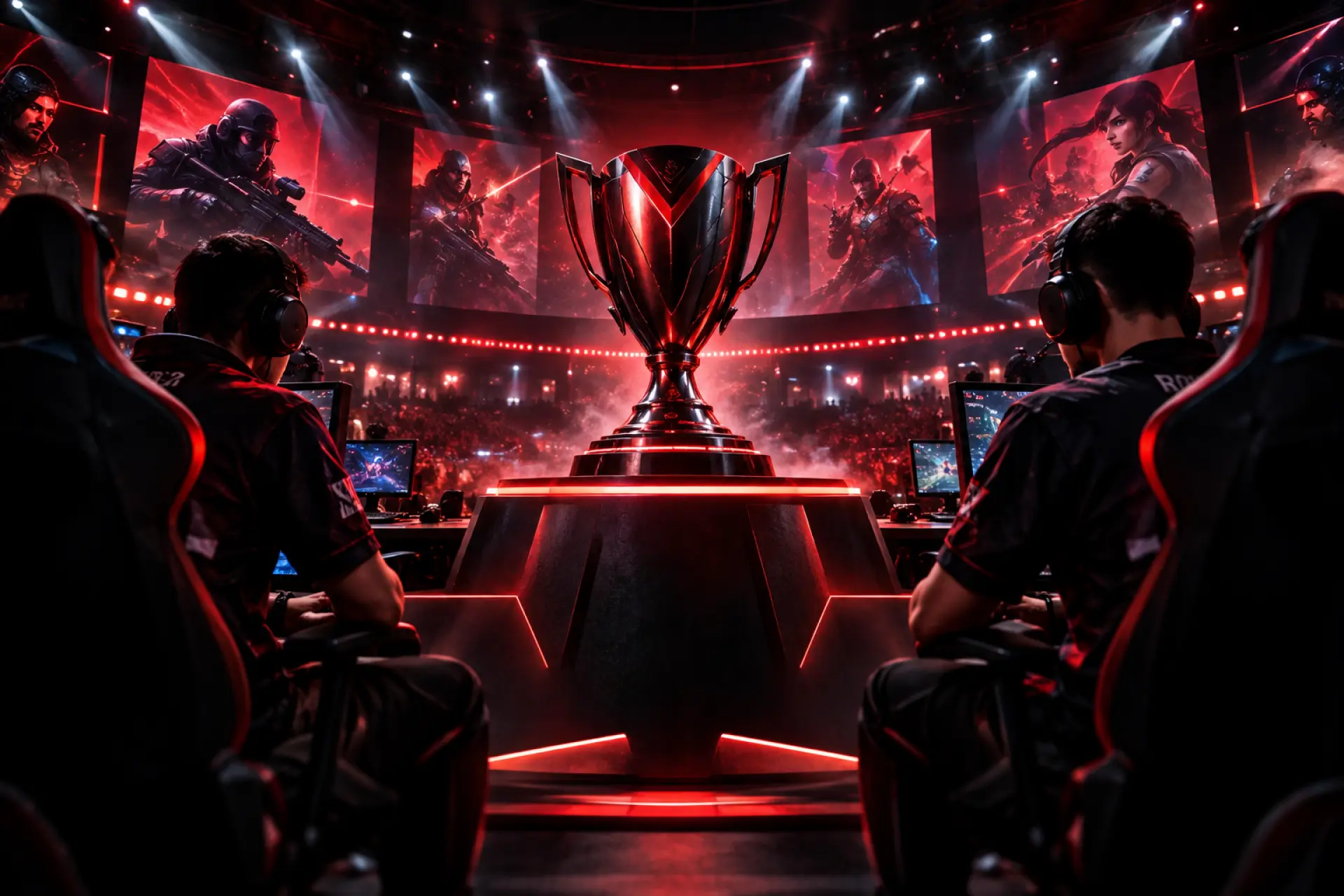 Arena eSports dengan pemain permainan kompetitif dan trofi kejohanan